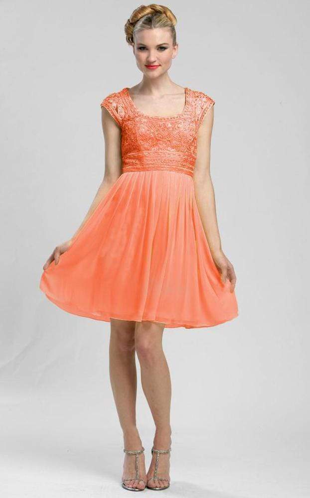 Sue Wong - C3207 Cap Sleeve Soutache Detailed A-Line Dress Homecoming Dresses 0 / Orange