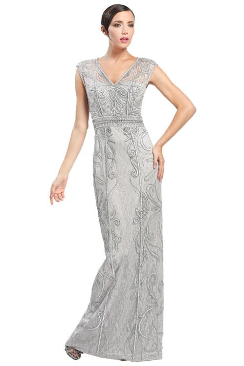 Sue Wong Cap Sleeve V-neck Long Dress in Platinum W4505 CCSALE 12 / Platinum