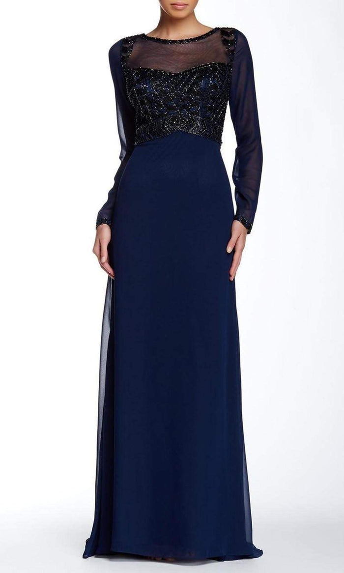 Sue Wong - Long Sleeve Sheer Beaded A-Line Dress N5310 - 1 pc Navy In Size 10 Available CCSALE 10 / Navy