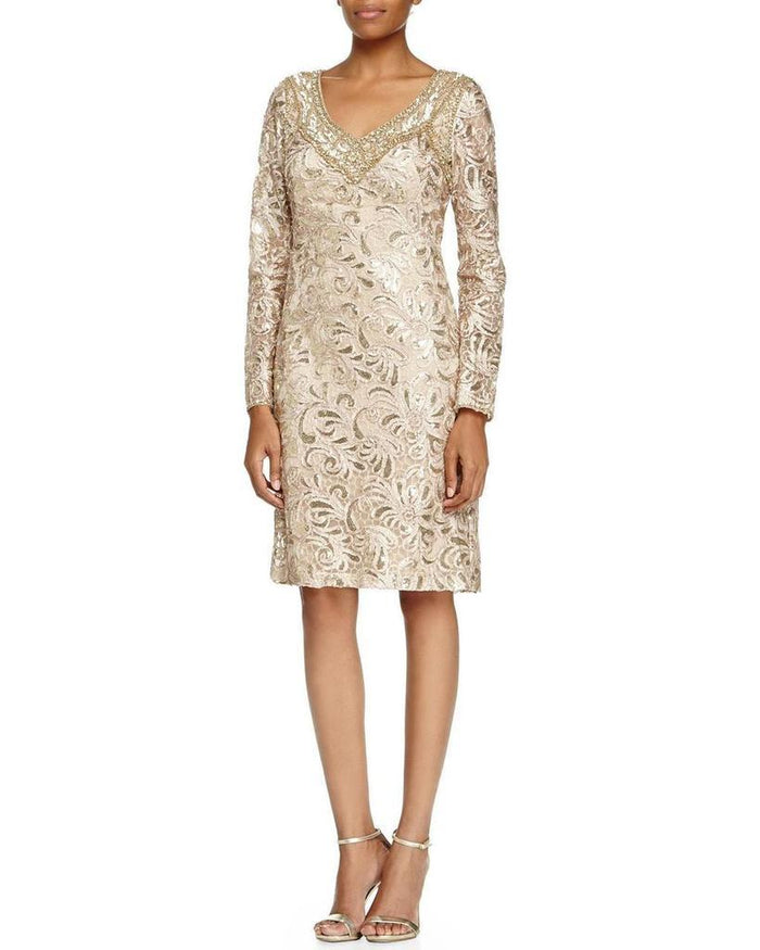 Sue Wong Sequined Paisley V-Neck Cocktail Dress N5115 - 2 pcs Beige in Sizes 0 and 8 Available CCSALE 0 / Beige