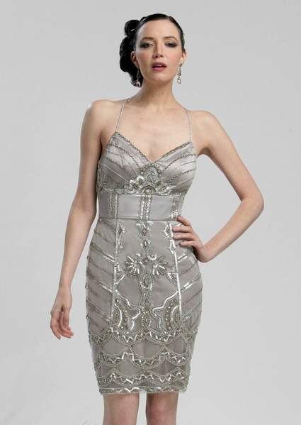 Sue Wong - V-neck Beaded Sheath Dress N3213 - 1 pc Platinum In Size 6 Available CCSALE 6 / Platinum