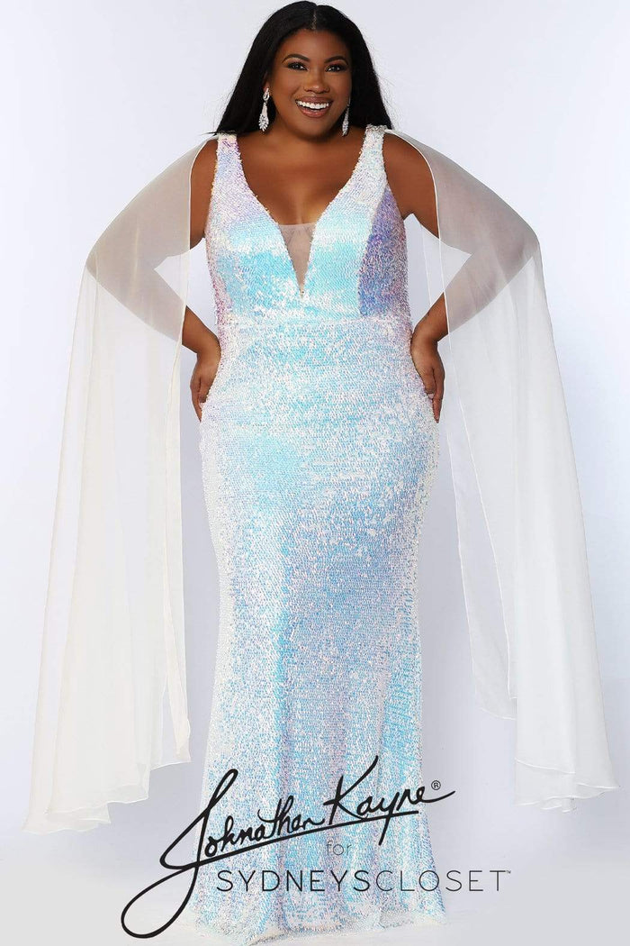 Sydney's Closet - JK2109 Sequined V Neck Dress With Detachable Sleeves Pageant Dresses 14 / Pearlescent