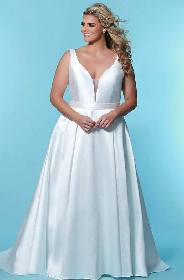 Sydney's Closet - SC5229 Plunging Bodice Mikado Bridal Gown Wedding Dresses 14 / Ivory