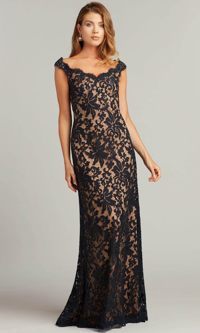 Tadashi Shoji 3K20118L - Conder Embroidered Tulle Gown Mother of the Bride Dresses 00 / Navy/Nude