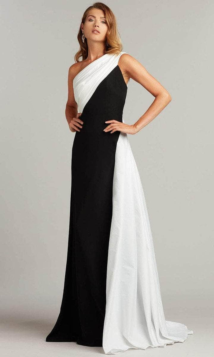 Tadashi Shoji - ALG19908L Asymmetrical Neck Pleated Long Gown - 1 pc Black/White in Size 8 Available CCSALE