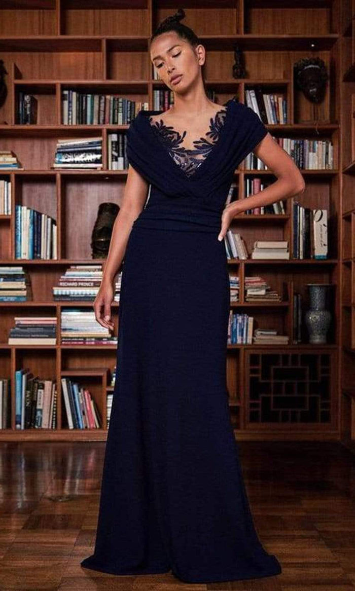 Tadashi Shoji - BOS20449L Illusion Neck Wrap Collar Long Sheath Dress - 3 pc Navy In Size 4 and 6 Available CCSALE 4 / Navy