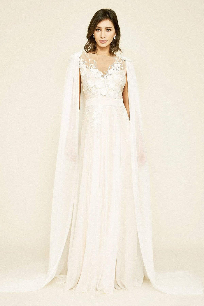 Tadashi Shoji - Countess Floral Applique Chiffon Cape Gown Wedding Dresses 0 / Ivory
