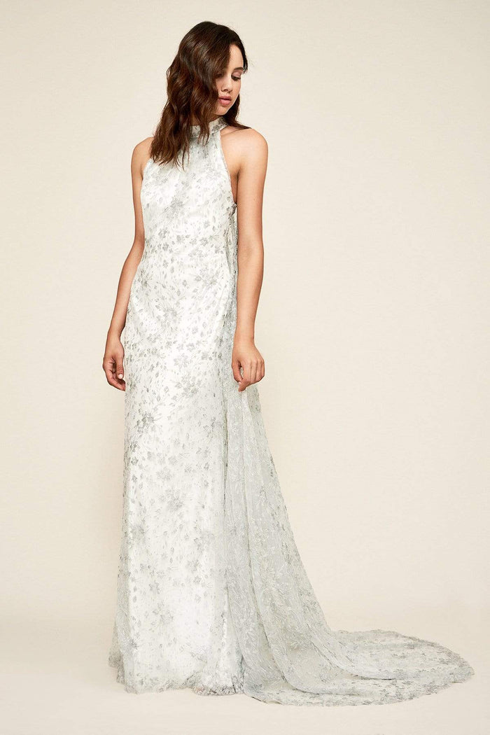 Tadashi Shoji - Embellished High Halter Sheath Dress With Cape Wedding Dresses 0 / Ivory/Silver