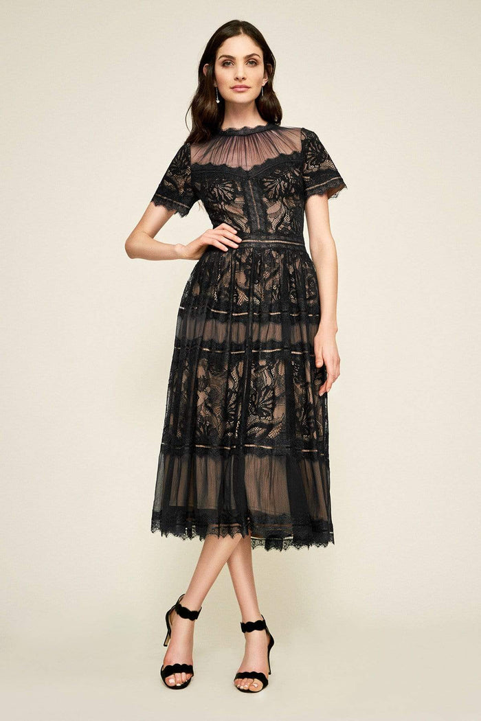 Tadashi Shoji - Illusion Neckline Sheer Lace Tea Length Dress Special Occasion Dress 0 / Black/Nude