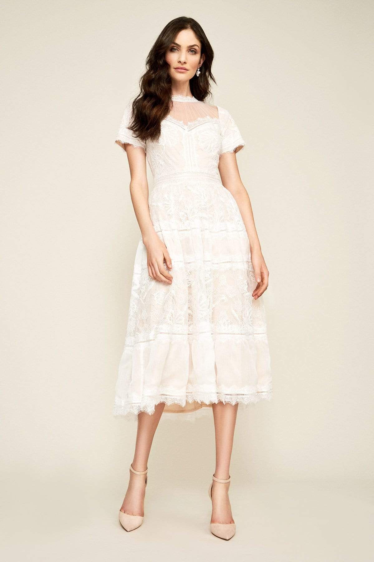 Tadashi Shoji - Illusion Neckline Sheer Lace Tea Length Dress