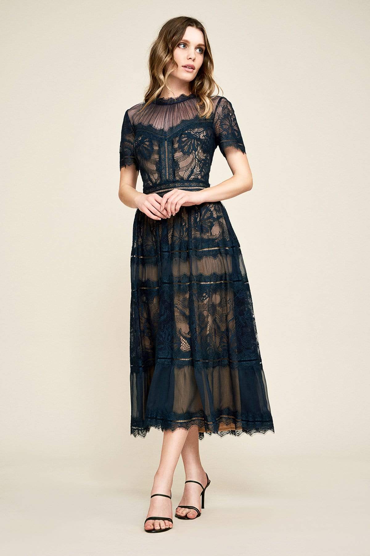 Tadashi Shoji - Illusion Neckline Sheer Lace Tea Length Dress