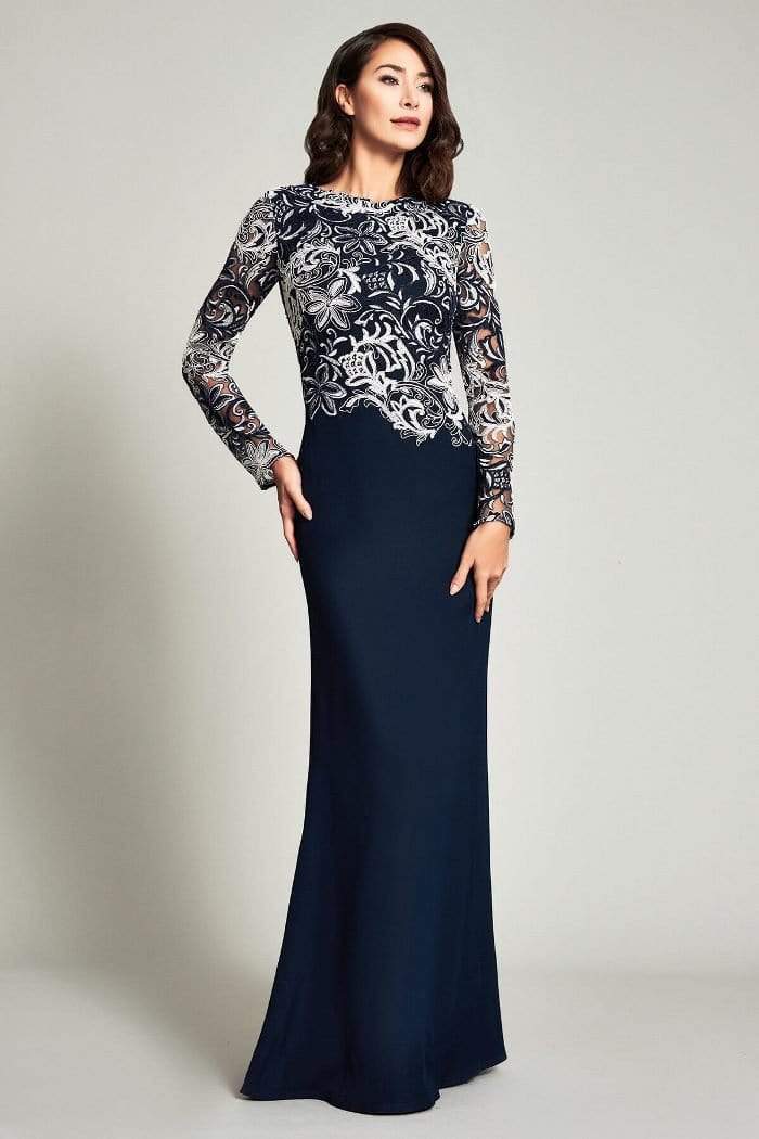 Tadashi Shoji - Long Sleeve Embroidered Sheath Dress BOQ16206LXY - 2 pcs Navy/White In Size 10 and 18 Available CCSALE