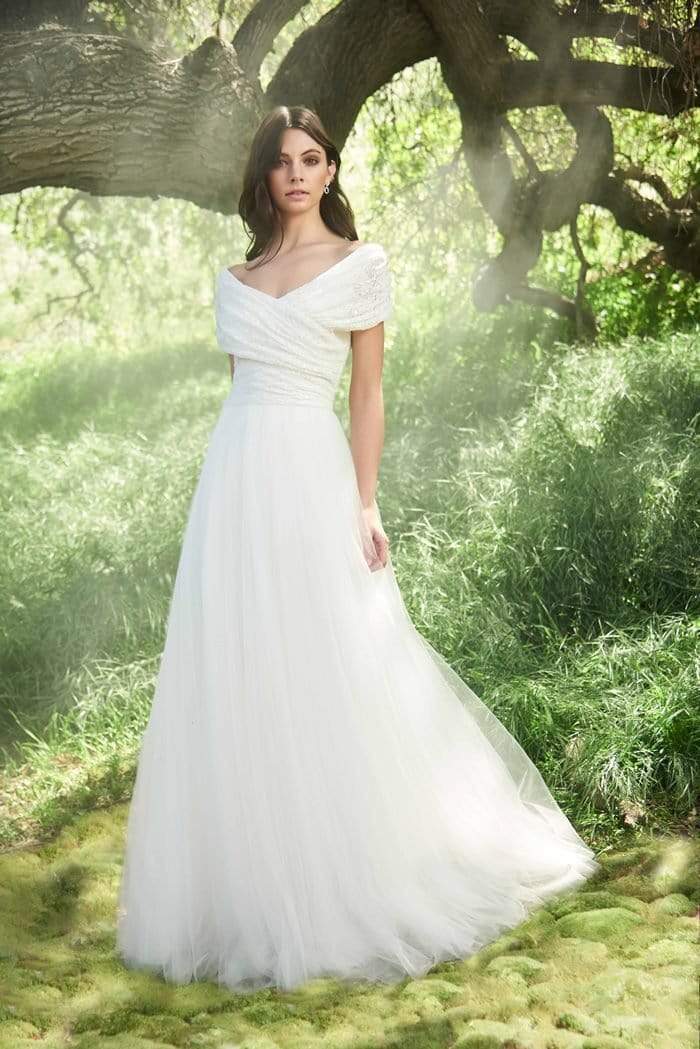 Tadashi Shoji - Off-Shoulder Wrap Bodice A-line Dress Wedding Dresses 0 / Ivory