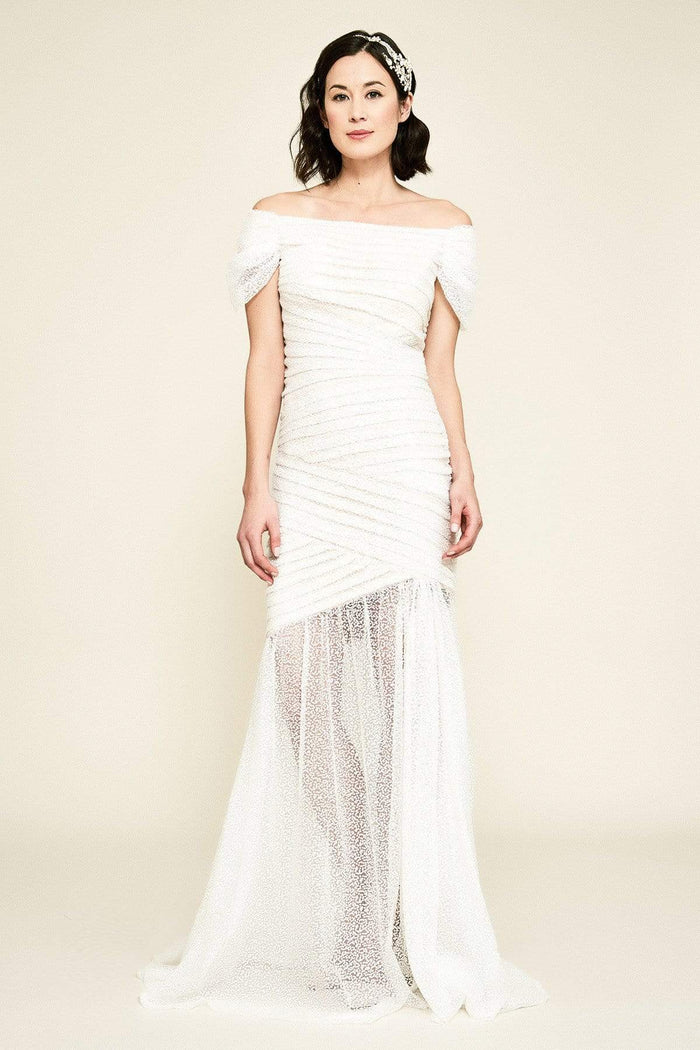 Tadashi Shoji - Tacita Off-The-Shoulder Sequin Gown Wedding Dresses 0 / Ivory/Petal