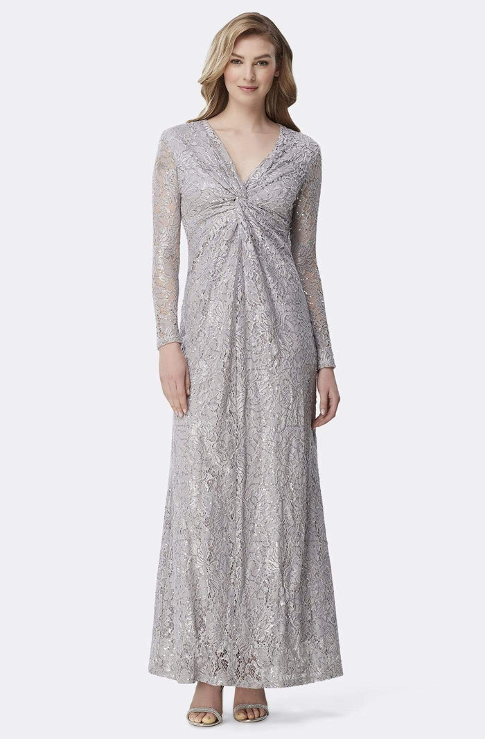 Tahari Asl - TLMU9KE769 Embellished Long Sleeve V-neck Sheath Dress Mother of the Bride Dresses 00 / Dove Grey