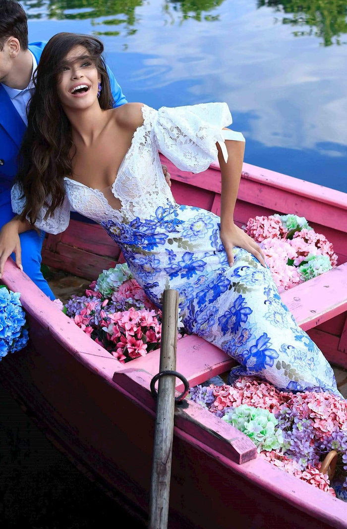 Tarik Ediz - 50497 Floral Lace Plunging Off-Shoulder Dress Prom Dresses 2 / Blue
