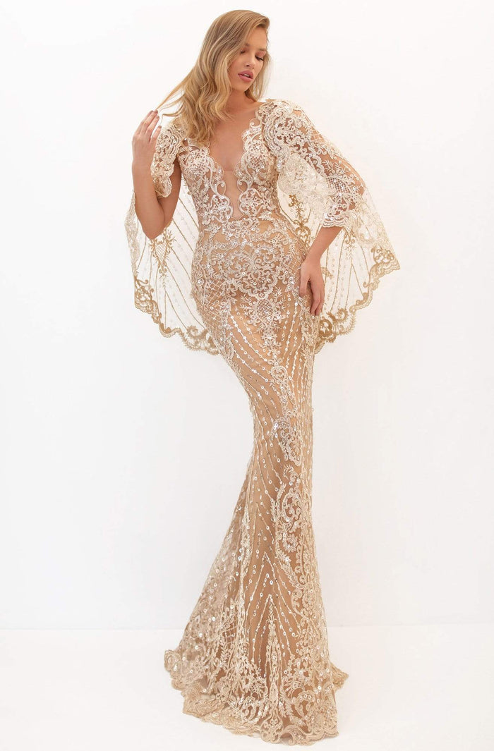 Tarik Ediz - 50648 Scalloped Plunging Bodice Embroidered Mermaid Gown Evening Dresses 0 / Gold