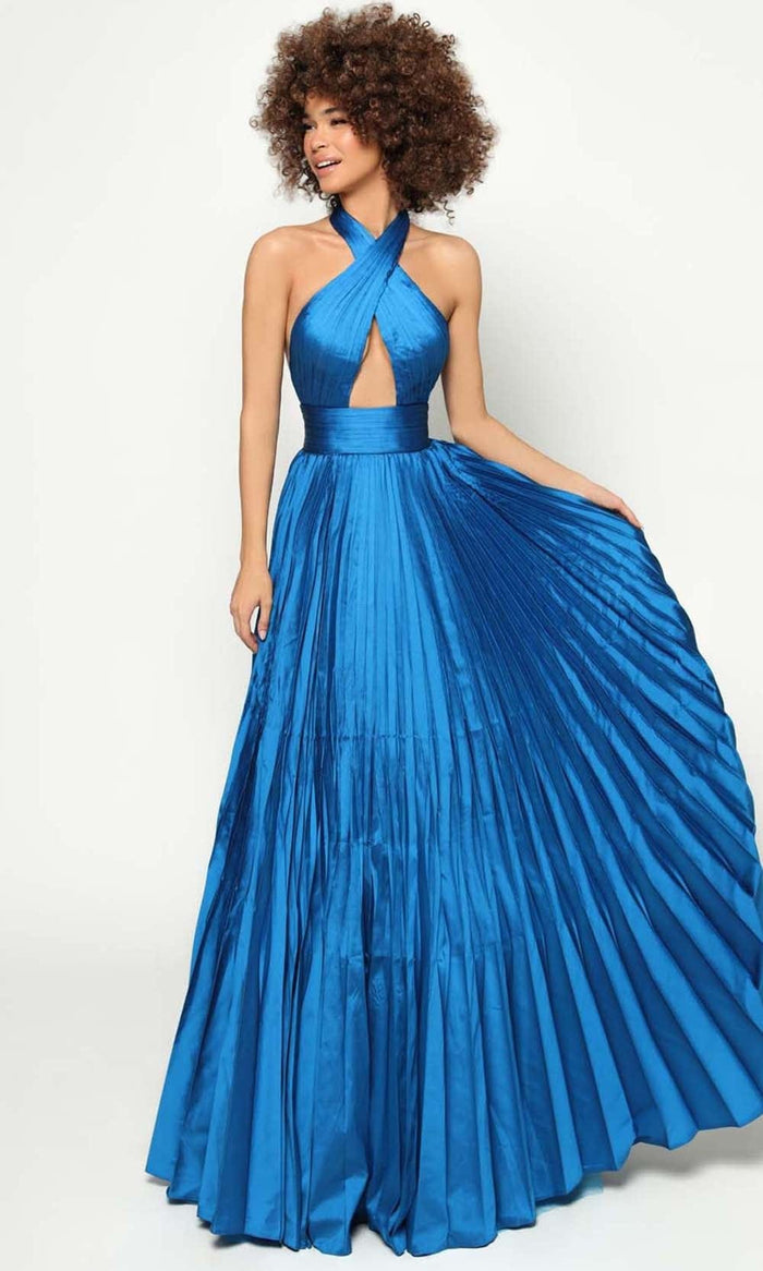 Tarik Ediz - 51165 Halter Cutout Pleated Gown Prom Dresses 0 / County Blue