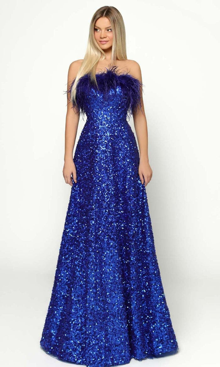 Tarik Ediz - 51176 Feathered Strapless Sequin Gown Prom Dresses 0 / Royal Blue