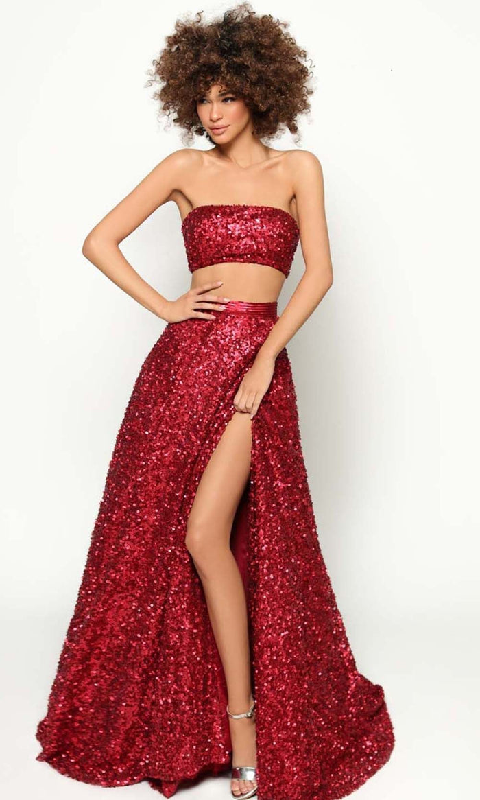 Tarik Ediz - 51177 Strapless Sequin Two Piece Gown Prom Dresses 0 / Red