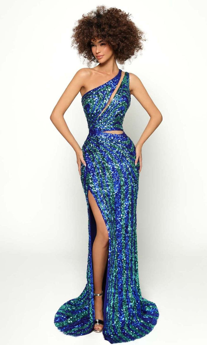 Tarik Ediz - 51187 Sequin Asymmetrical Evening Dress Prom Dresses 0 / Royal Blue/Green