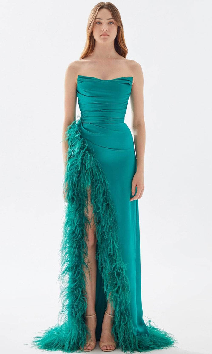 Tarik Ediz 52004 - Strapless Feathered Slit Prom Gown Prom Dresses 00 / Emerald