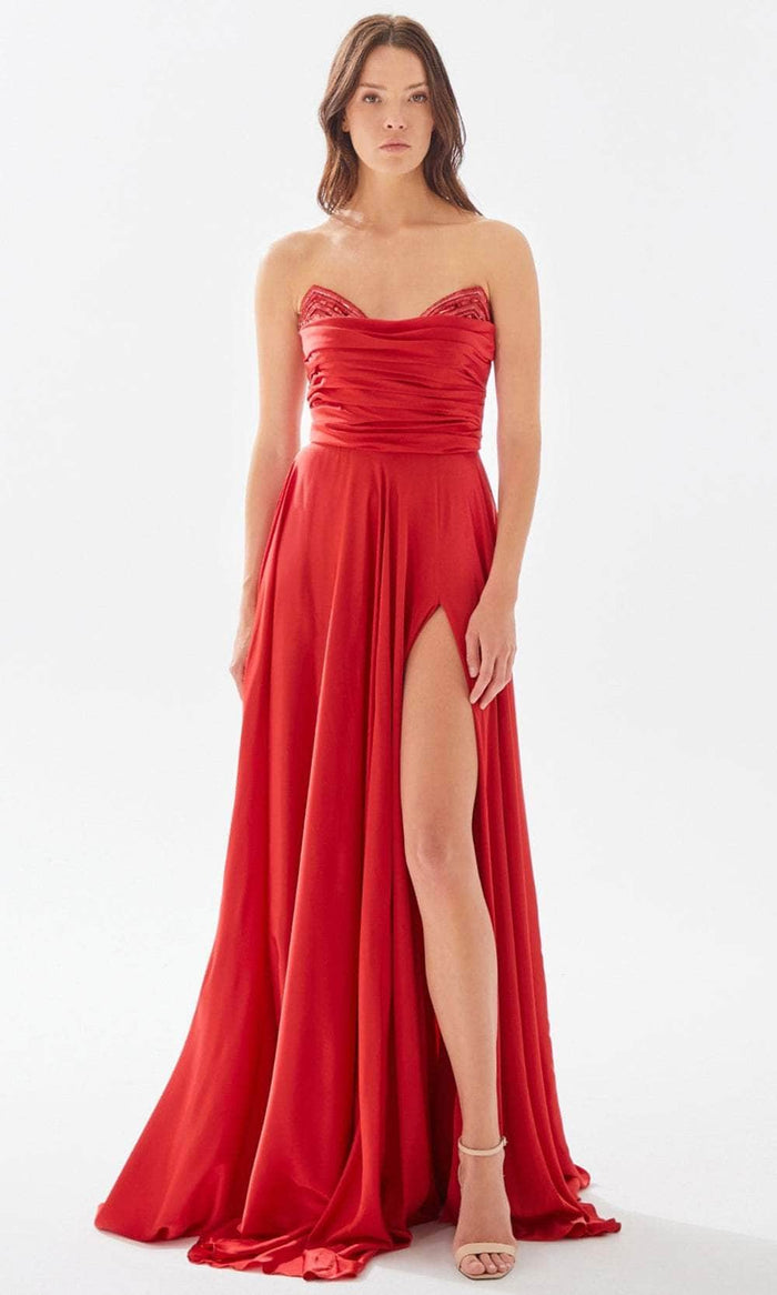 Tarik Ediz 52006 - Pleated A-line Evening Dress Prom Dresses 00 / Red