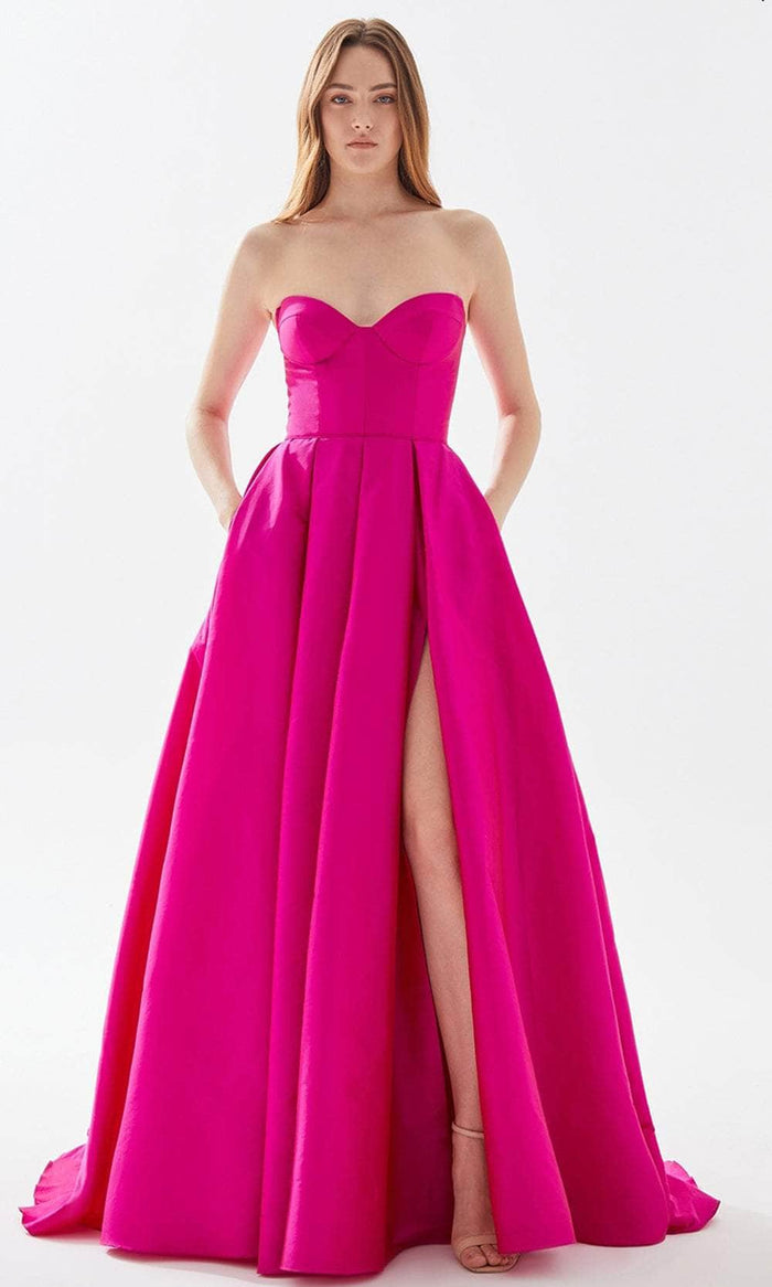 Tarik Ediz 52022 - Bustier A-Line Prom Dress with Slit Prom Dresses 00 / Fuchsia