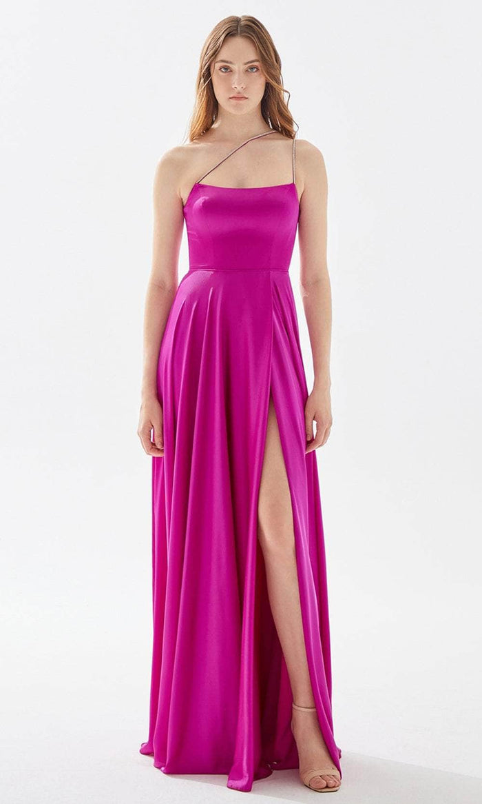 Tarik Ediz 52041 - Asymmetrically Thin Strapped Minimal Gown Prom Dresses 00 / Fuchsia