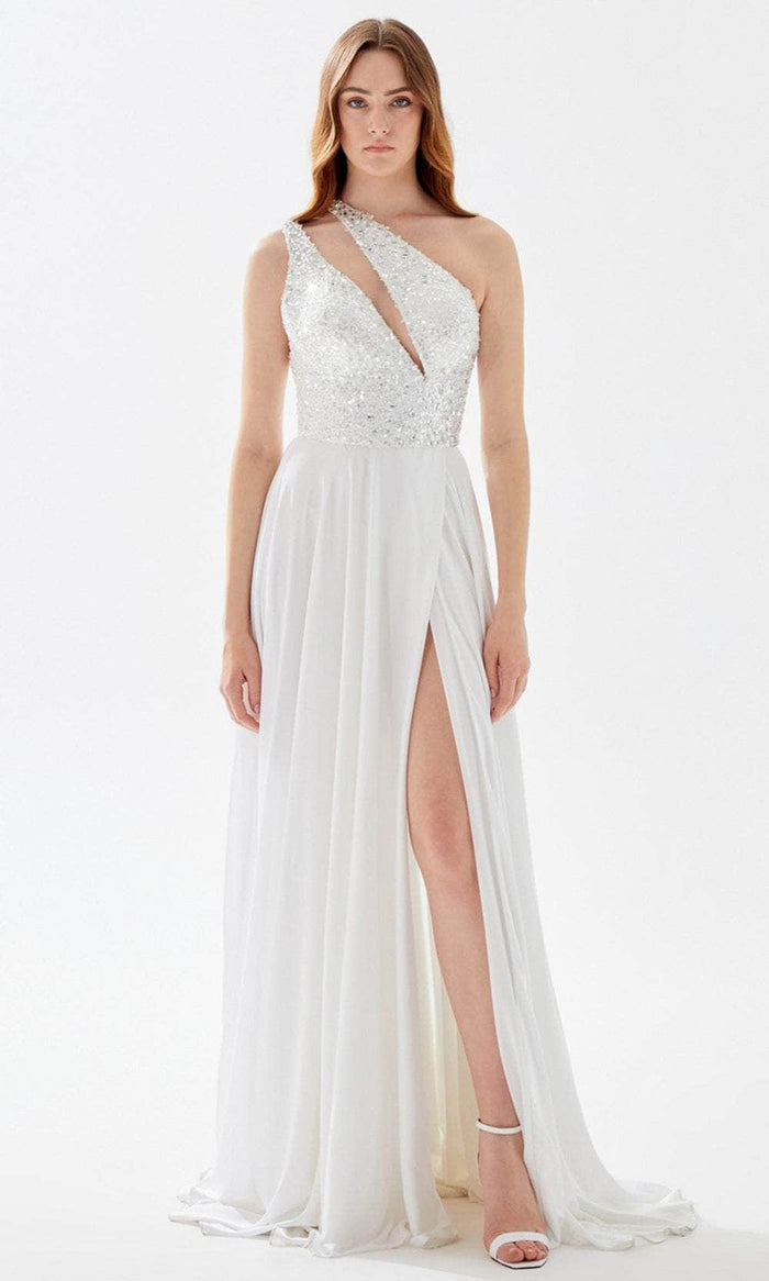 Tarik Ediz 52045 - Beaded Asymmetric Neck Prom Gown Prom Dresses 00 / Ivory