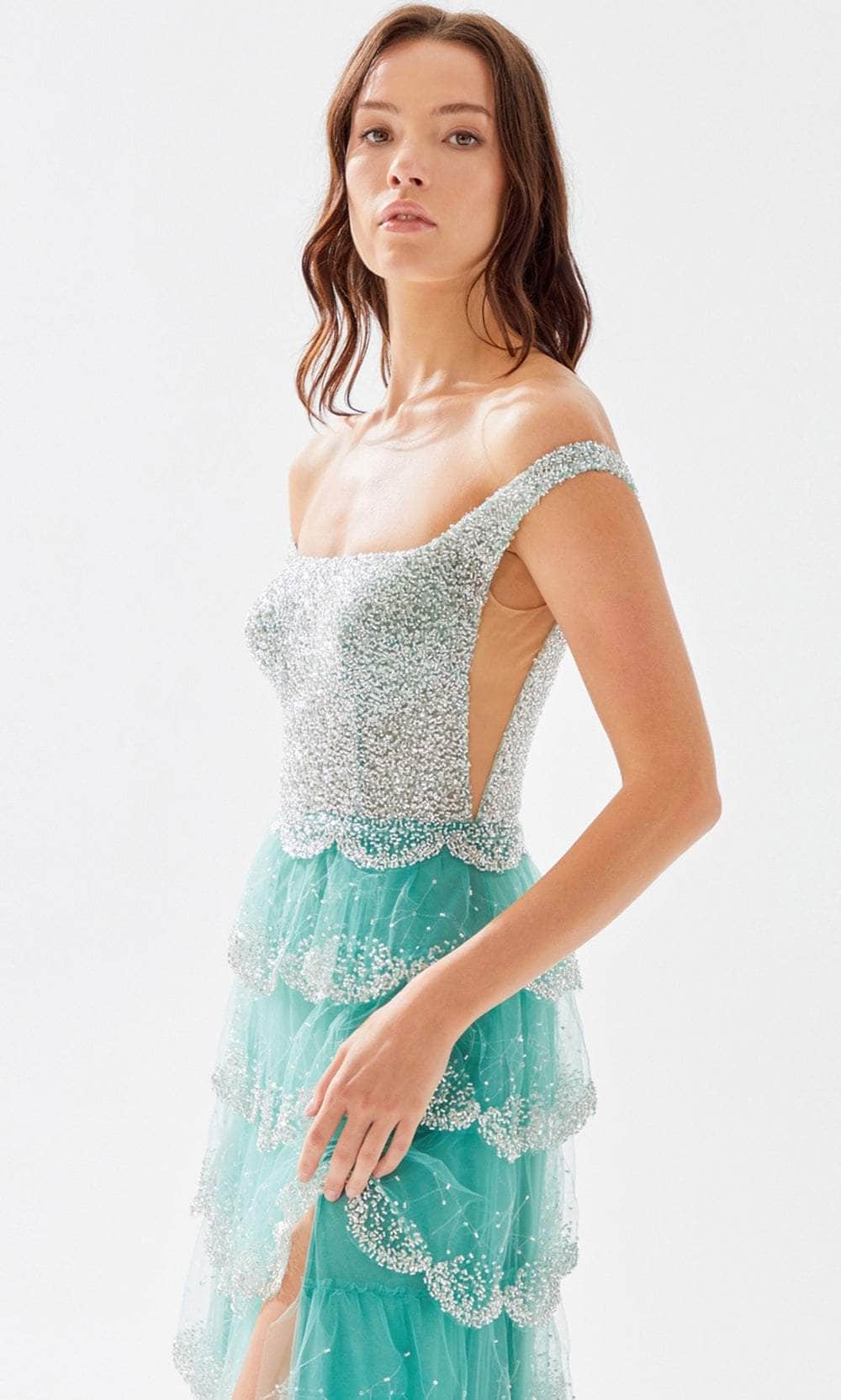 Tarik Ediz 52050 Square Neck Bugle Beaded Dress Couture Candy