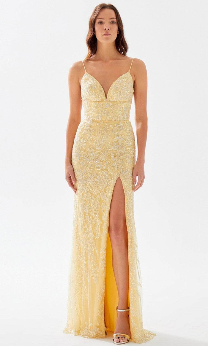 Tarik Ediz 52090 - Beaded Lace-Up Back Prom Gown Prom Dresses 00 / Yellow