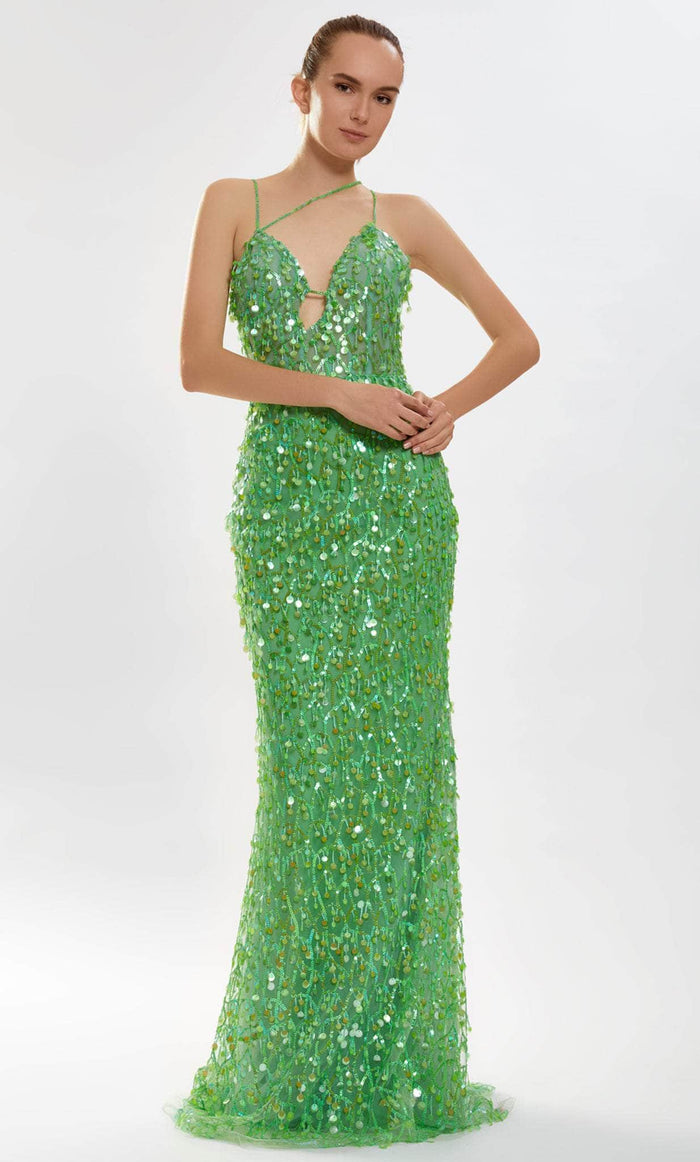 Tarik Ediz 52132 - Pailette Sequin Embellished Dress Special Occasion Dress 00 / Lime