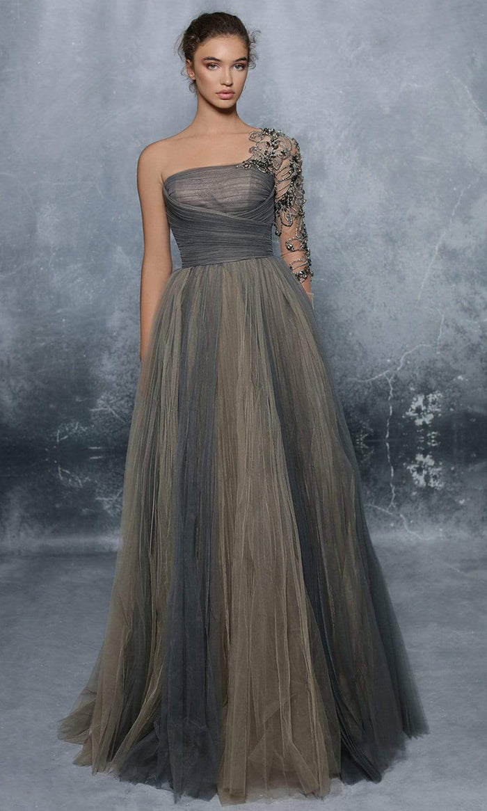 Tarik Ediz - 96001 Embroidered Tulle Single Sleeve Ballgown Prom Dresses 0 / Almondine/Smoke Blue