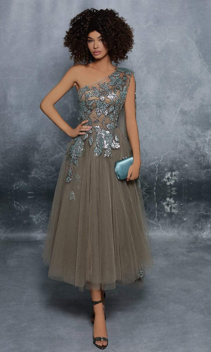 Tarik Ediz - 96007 Sequined Asymmetric Tea Length A-line Dress Homecoming Dresses 0 / Almondine/Nil Green