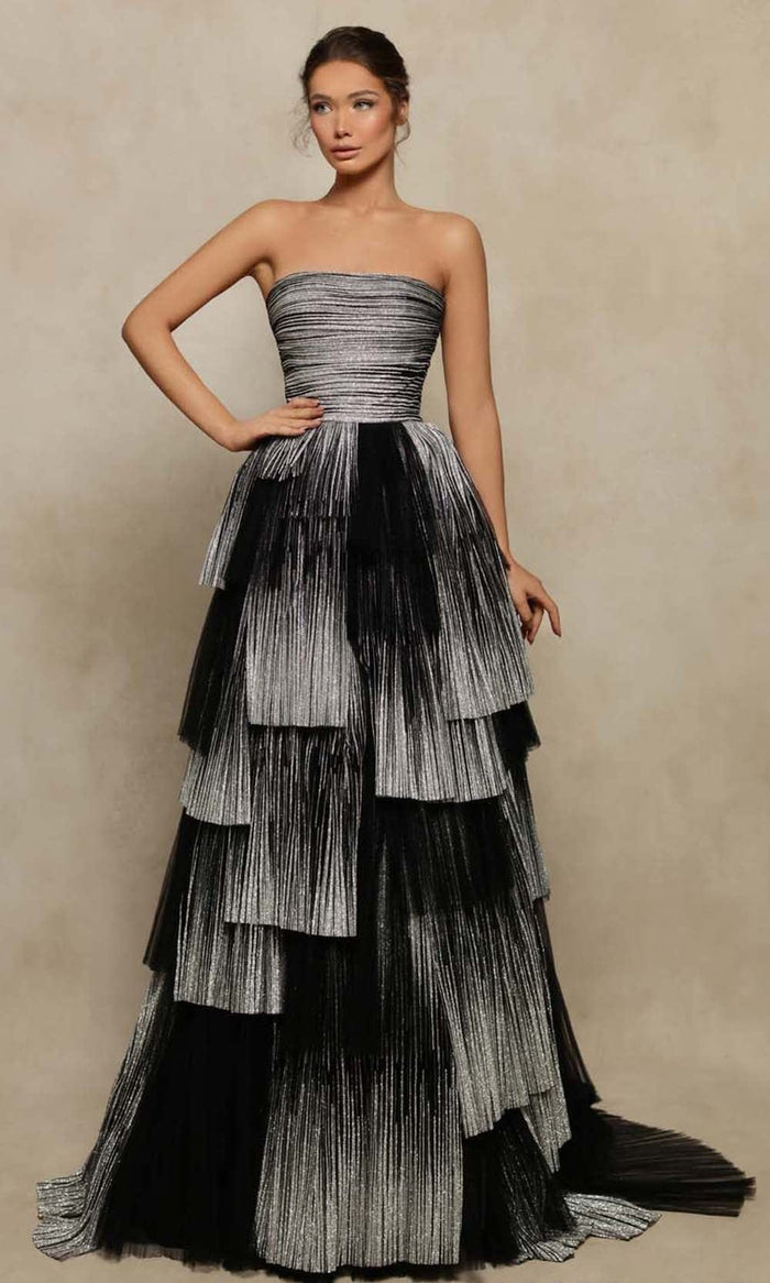 Tarik Ediz - 98028 Glittered Two Tone Strapless Gown Prom Dresses 0 / Black/Silver