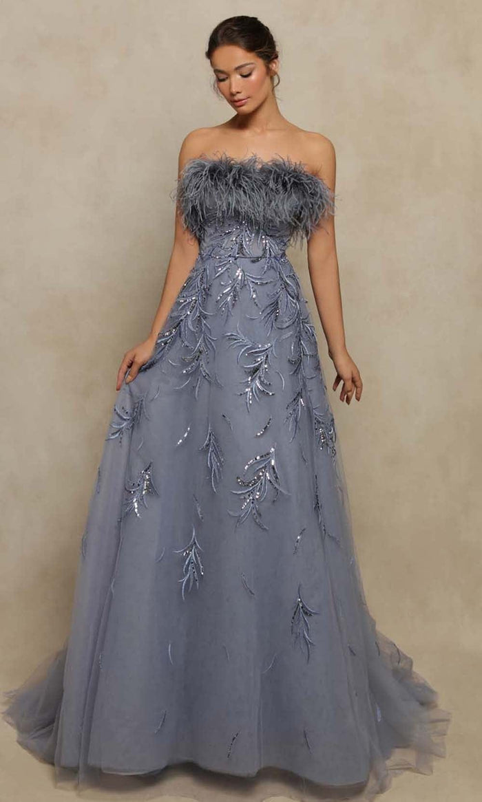 Tarik Ediz - 98070 Feather Detailed Long Gown Prom Dresses 0 / Ice Blue