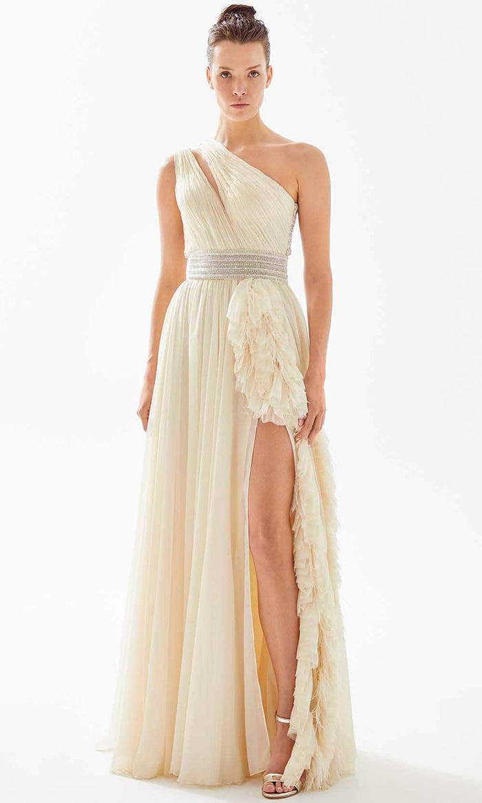 Tarik Ediz 98218 - Pleated Asymmetric Evening Dress Prom Dresses 00 / Vanilla