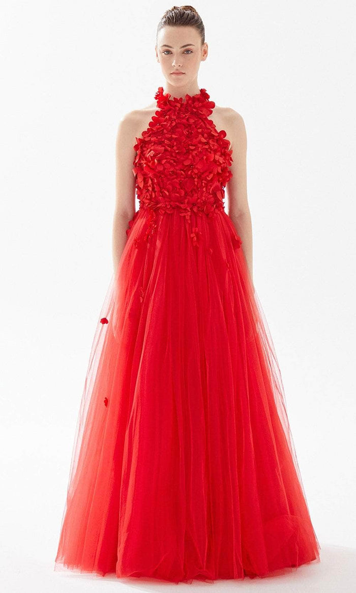 Tarik Ediz 98243 - Floral Appliqued Halter Evening Gown Evening Dresses 00 / Red