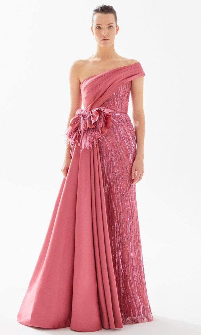 Tarik Ediz 98255 - Pleated Asymmetric Sheath Gown Evening Dresses 00 / Rose