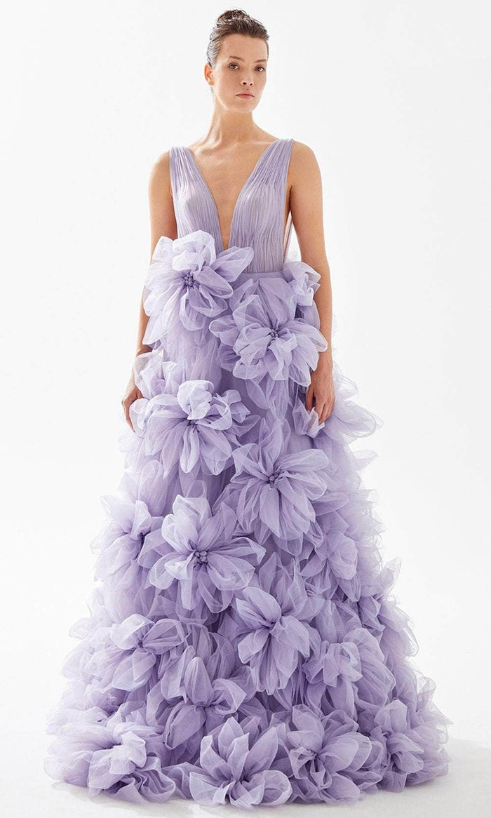Tarik Ediz 98257 - Ruffled V-Neck Evening Dress Pageant Dresses 00 / Lilac