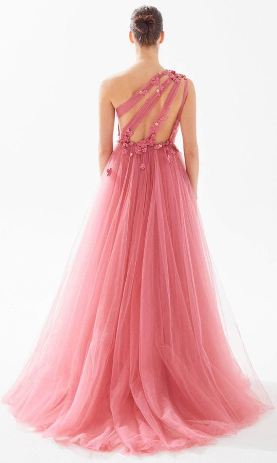 Tarik Ediz 98275 - Floral Appliqued Asymmetric Evening Dress