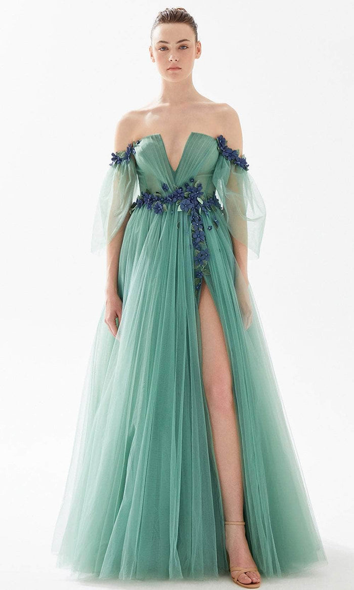 Tarik Ediz 98283 - Floral Off-Shoulder Evening Dress Prom Dresses 00 / English Green