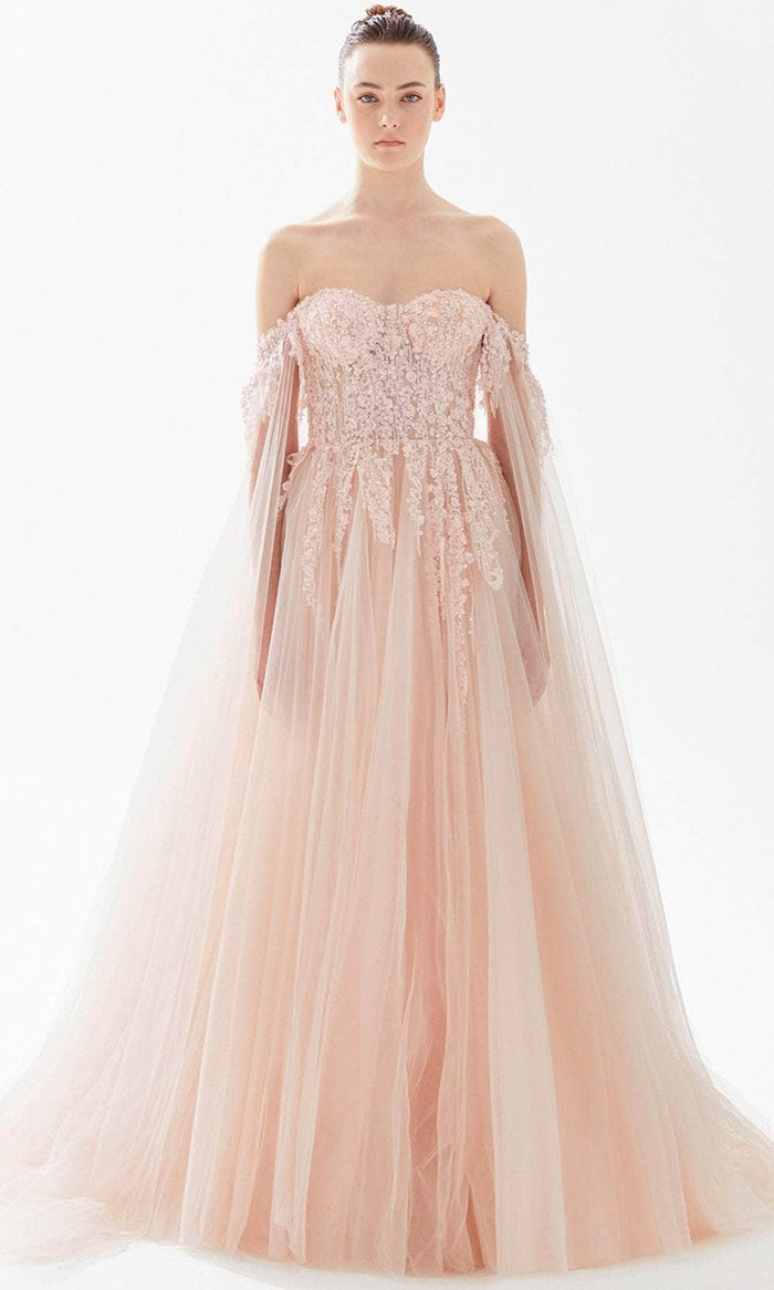 Tarik Ediz 98285 - Off Shoulder Tulle Evening Gown Evening Dresses 00 / Ice Pink