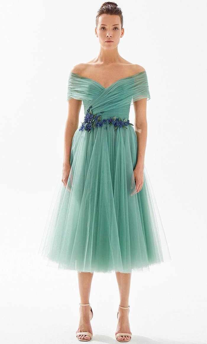 Tarik Ediz 98293 - Off Shoulder Tulle Tea-Length Dress Prom Dresses 00 / English Green