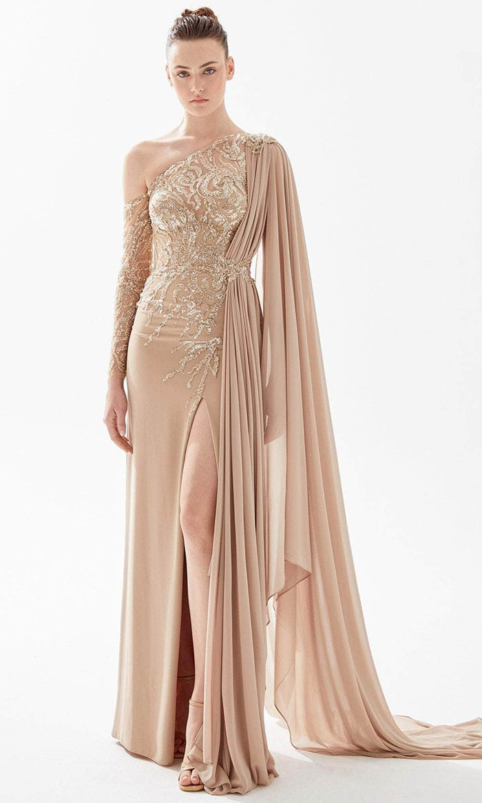 Tarik Ediz 98304 - Asymmetric Beaded Bodice Evening Gown Pageant Dresses 00 / Gold