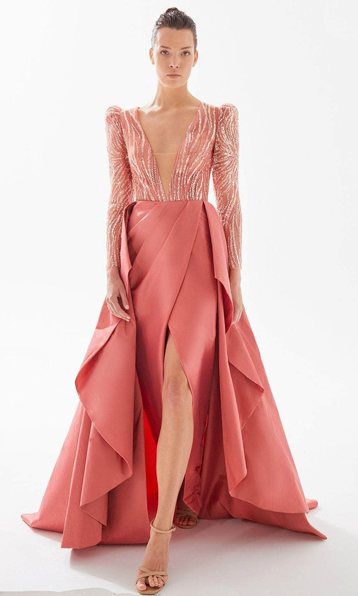 Tarik Ediz 98311 - Puff Sequined Pleated A-line Dress Prom Dresses 00 / Rose