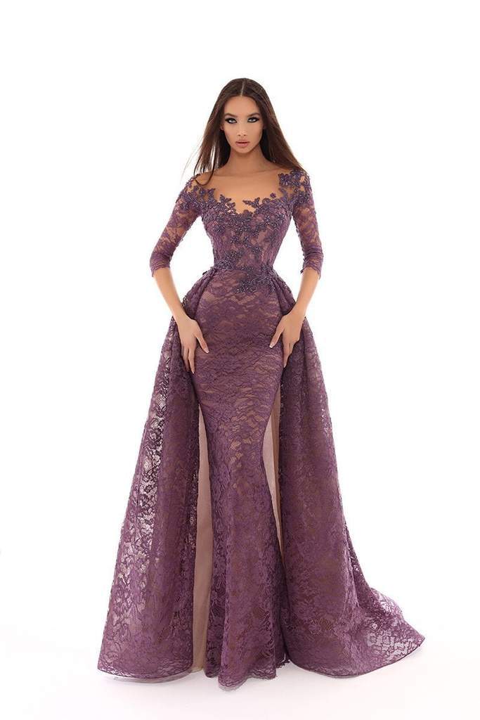 Tarik Ediz - Embroidered Illusion Neck Dress With Overskirt 93633 - 1 pc Lavender In Size 8 Available CCSALE 8 / Lavender