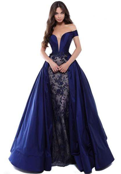 Tarik Ediz - Floral Lace Deep Off-Shoulder Gown With Overskirt 50426 - 1 pc Navy In Size 6 Available CCSALE 6 / Navy