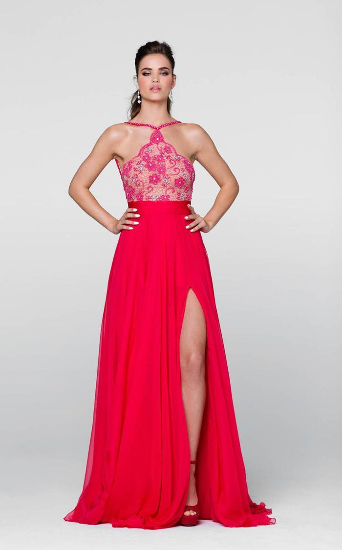 Tarik Ediz - Jeweled Halter Neck Dress 50088 Special Occasion Dress 0 / Red Rose